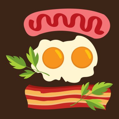 Breakfast, fried eggs, sausage, bacon and parsley. Color illustration in a cartoon style. vector Breakfast, fried eggs, sausage, bacon and parsley. Color illustration in a cartoon style. vector