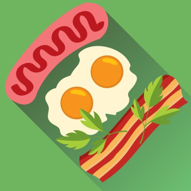 Breakfast, fried eggs, sausage, bacon and parsley. Color illustration in a cartoon style. vector Breakfast, fried eggs, sausage, bacon and parsley. Color illustration in a cartoon style. vector