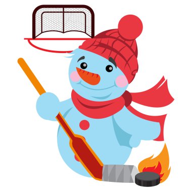 Snowman ice hockey at the gate, a member of the hockey team, a character in a cartoon style. clipart