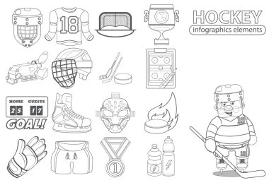 A set of sports equipment and hockey player black and white outline drawing. clipart