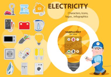 Electrical energy in our lives, icons and characters. Domestic electric appliances. clipart