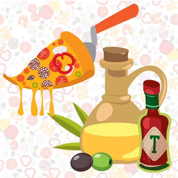 Rebanada de pizza, botella de aceite de oliva y ketchup . — Vector de stock