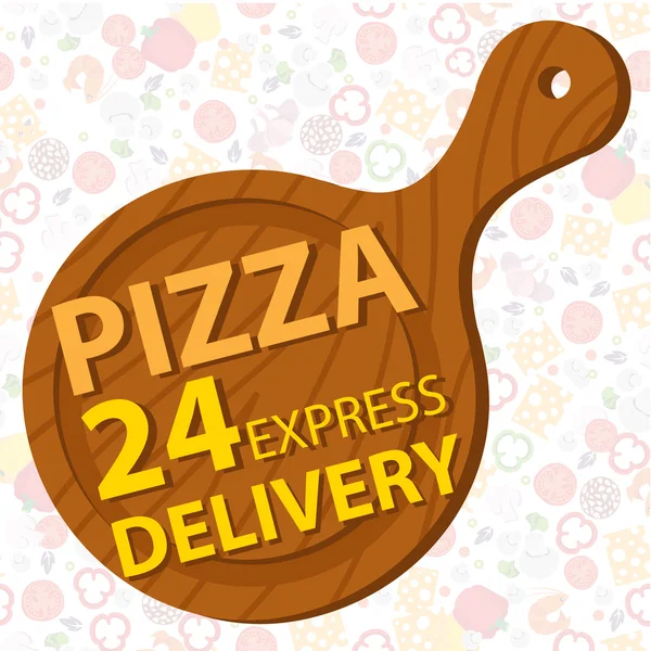 Holzschale mit Griff für Pizza. Logo für die Pizzeria. Stunde Pizza-Lieferung. — Stockvektor