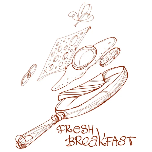 Desayuno fresco, sartén, huevo frito, tocino, verduras y queso esquema dibujo . — Vector de stock