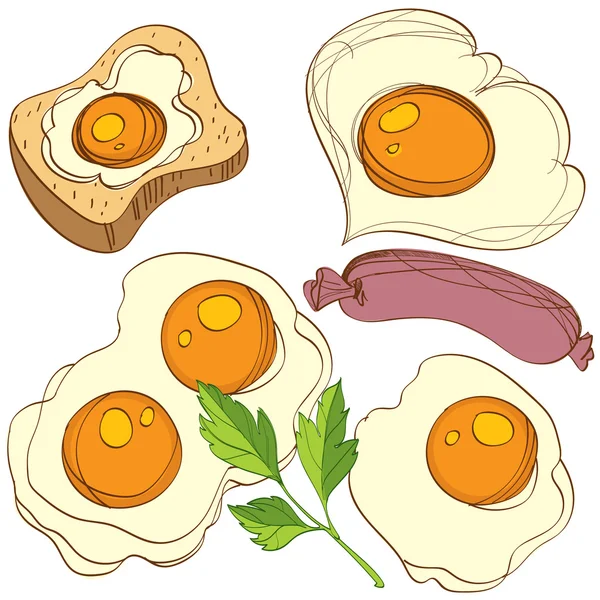 Πρωινό, τηγανητά αυγά, λουκάνικα, ψωμί και μαϊντανό. Εικονογράφηση χρώμα σε ένα ύφος κινούμενων σχεδίων. — Διανυσματικό Αρχείο