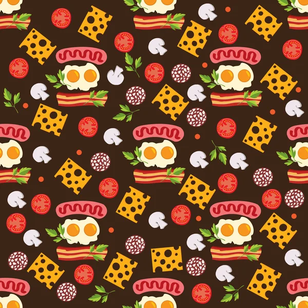Modèle sans couture avec petit déjeuner : oeuf frit, saucisse, salami, tomate, persil, fromage et champignons . — Image vectorielle