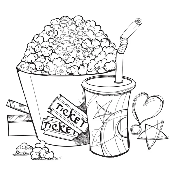 Popcorn och saft Översiktsritning kopp. — Stock vektor