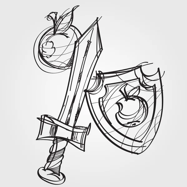 Shield, sword, and an apple. Black and white sketch of a cartoon. — Stock Vector
