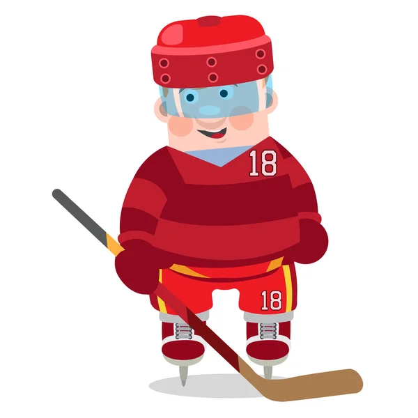 Jogador de hóquei no gelo na forma vermelha, membro da equipe de hóquei, um personagem em um estilo de desenho animado . — Vetor de Stock