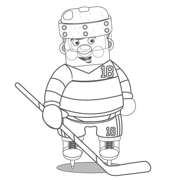 Eishockeyspieler schwarz-weiße Umrisszeichnung, ein Mitglied des Eishockeyteams, eine Figur im Cartoon-Stil. — Stockvektor