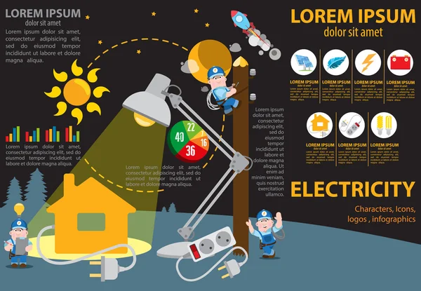 Energia elettrica nella nostra vita, icone e personaggi . — Vettoriale Stock