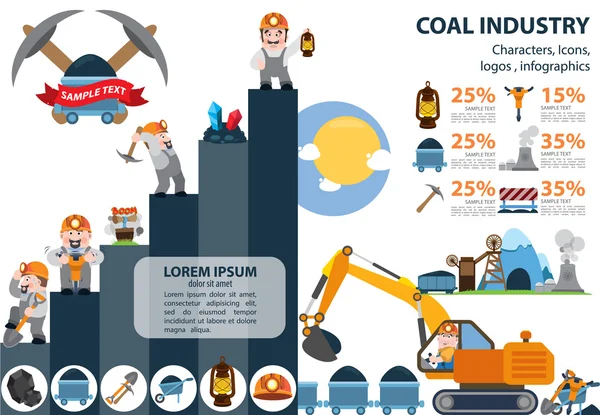 Iconos de la industria del carbón, personajes, infografías . — Archivo Imágenes Vectoriales