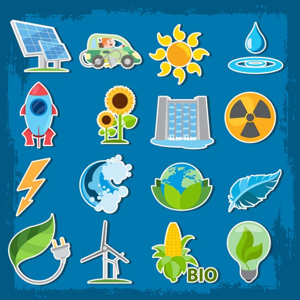 Alternatieve bronnen van macht en eco mijnbouw technologie. Set logo's in cartoon stijl. — Stockvector