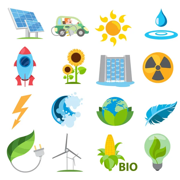 Источники энергии и экотехнологии. Набор логотипов в стиле мультфильма . — стоковый вектор