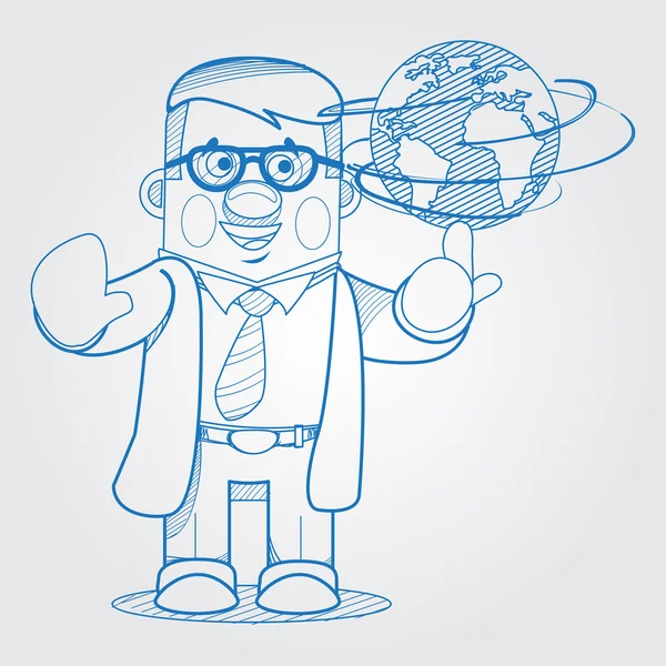 科学者男、世界を示します。外形図漫画のスタイルで. — ストックベクタ