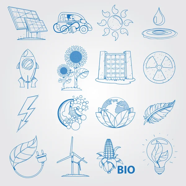 Fuentes alternativas de energía y tecnología eco Mining. Establecer logotipos en estilo de dibujos animados. Esquema de dibujo . — Archivo Imágenes Vectoriales