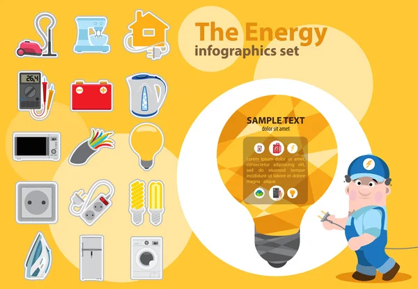 Energi listrik dalam hidup kita, ikon dan karakter. Peralatan listrik domestik, diatur untuk infografis . - Stok Vektor