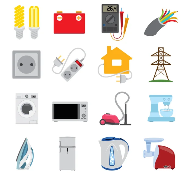 Energía eléctrica en nuestras vidas, iconos y personajes. Electrodomésticos, juego de infografías . — Vector de stock