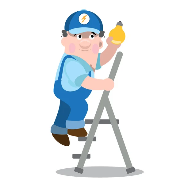 Un uomo in uniforme di lavoro sale la scala e torce lampadina .. — Vettoriale Stock