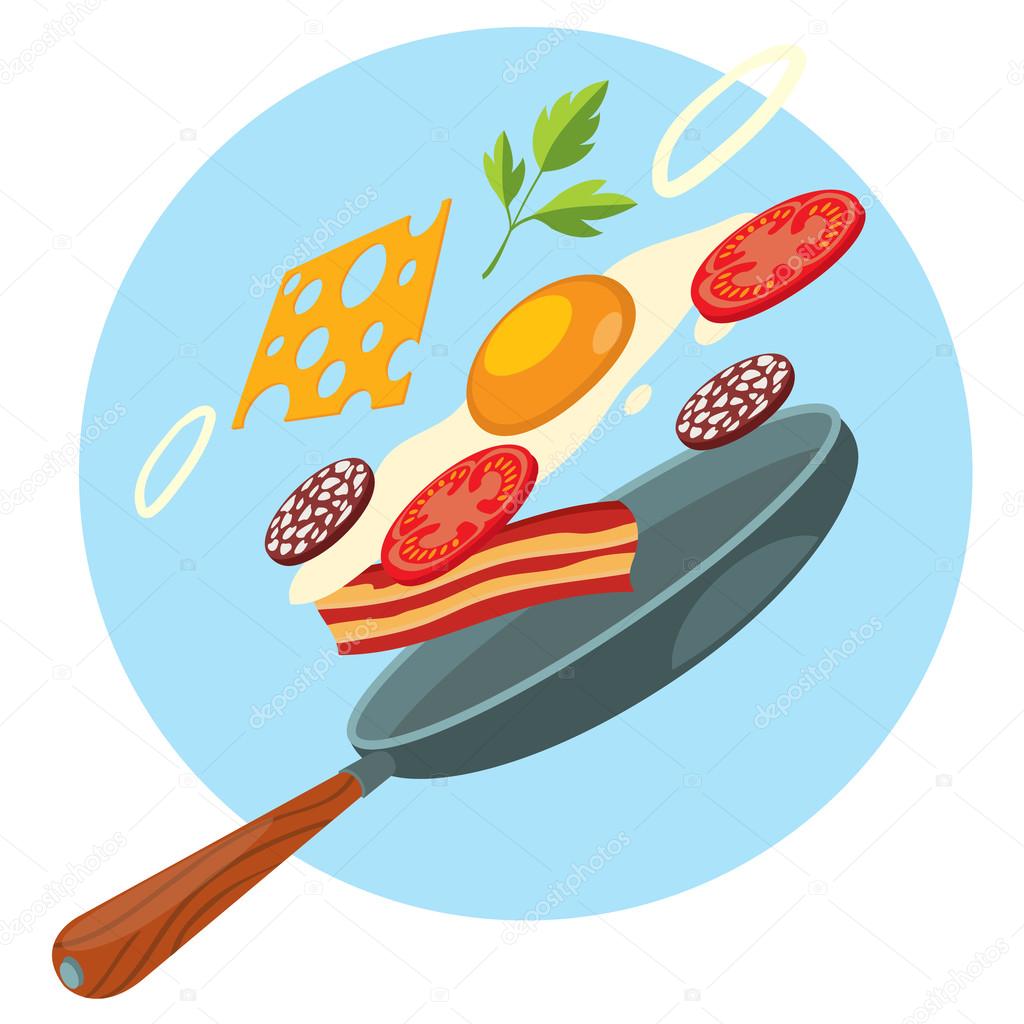 Colazione fresca padella uovo fritto pancetta verdure e formaggio Illustrazioni a colori nello stile di disegno a mano — Vettoriali di filkusto