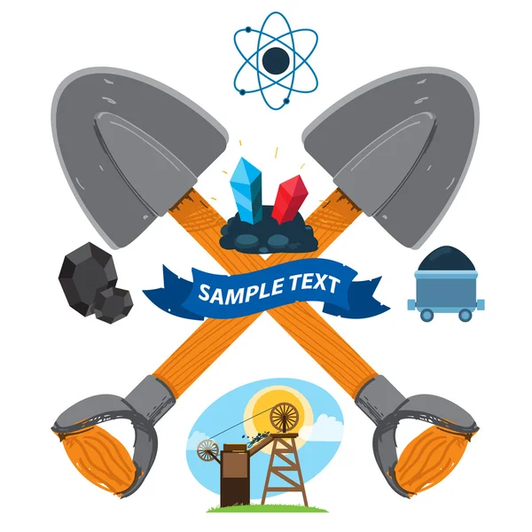 Definir objetos da indústria de mineração: uma pá, mina, carrinho, lâmpada de óleo de carvão . —  Vetores de Stock
