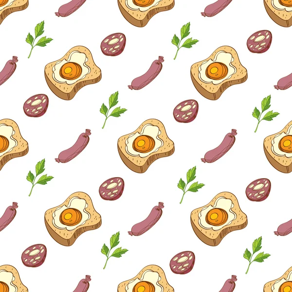 Seamless pattern with sausages, fried egg and parsley. — Stock Vector