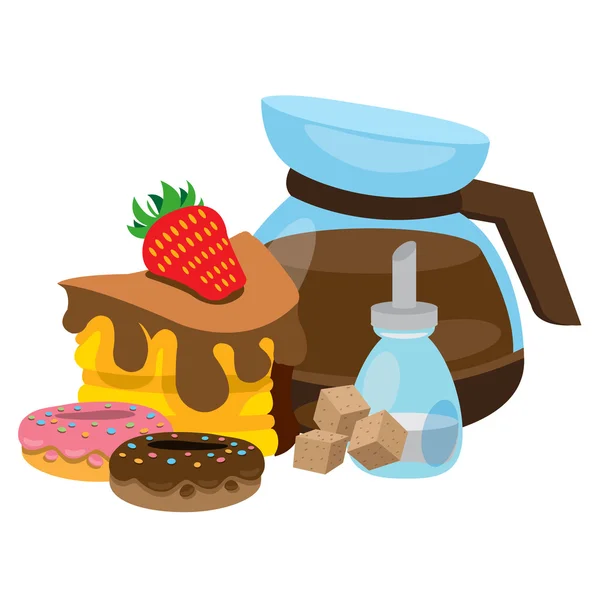 Выпечка и кофе. Цветная иллюстрация с изображением пончиков, торта, сахара и кофе . — стоковый вектор