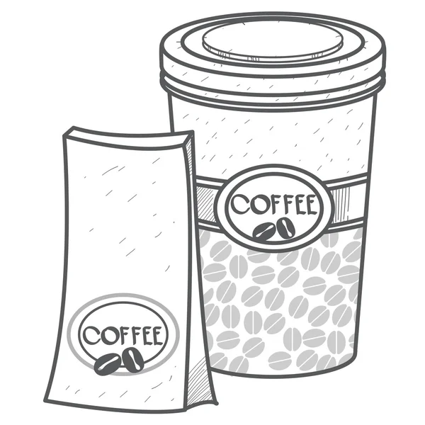 Balíček a šálek kávy. Rozměry balení výrobků. — Stockový vektor
