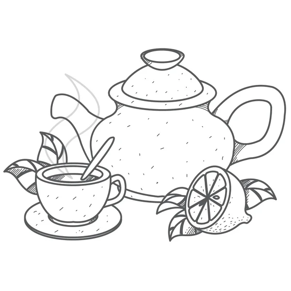 Tetera, taza de té con dibujo de contorno de limón . — Vector de stock