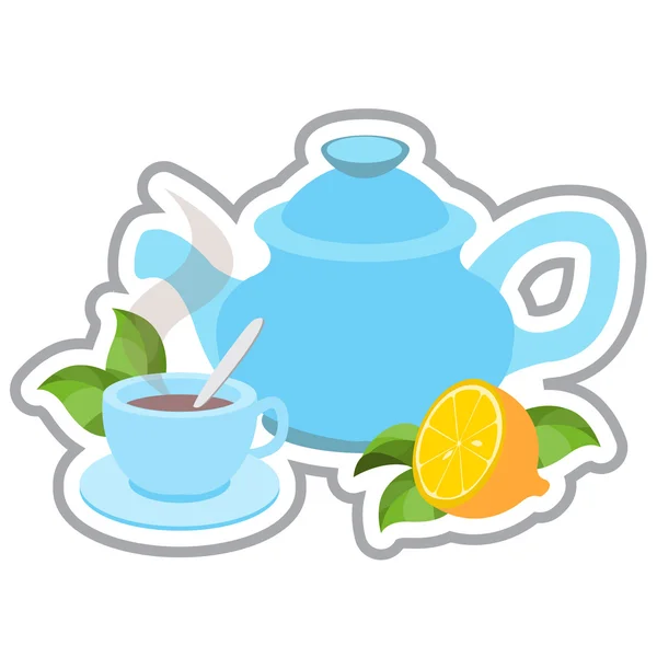 Théière, tasse de thé avec illustration couleur citron . — Image vectorielle