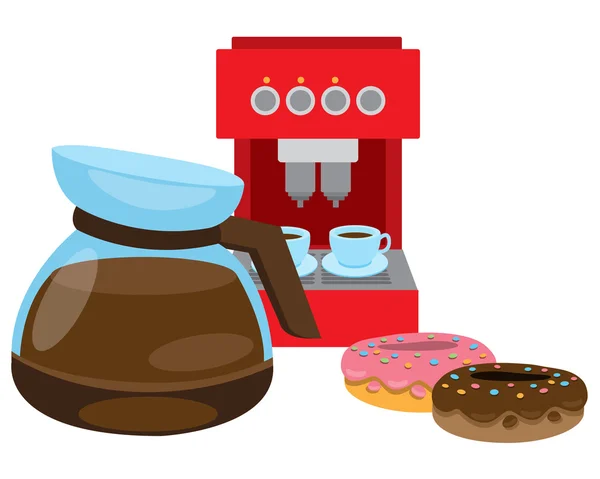 Teekanne brüht Kaffee. Kaffeemaschine und Donuts. — Stockvektor