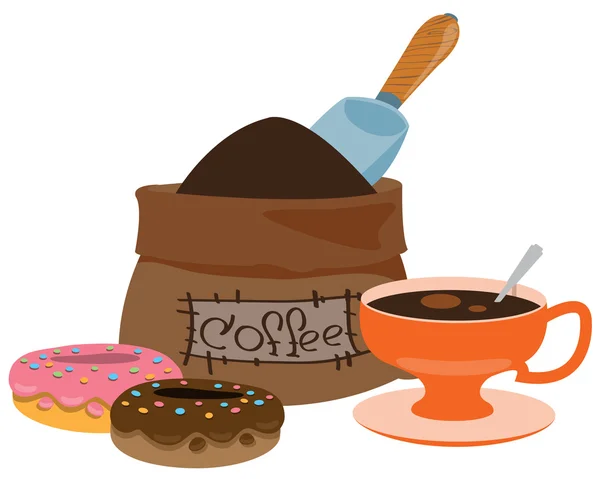 Saco de granos de café, rosquillas y taza de ilustración a color . — Vector de stock