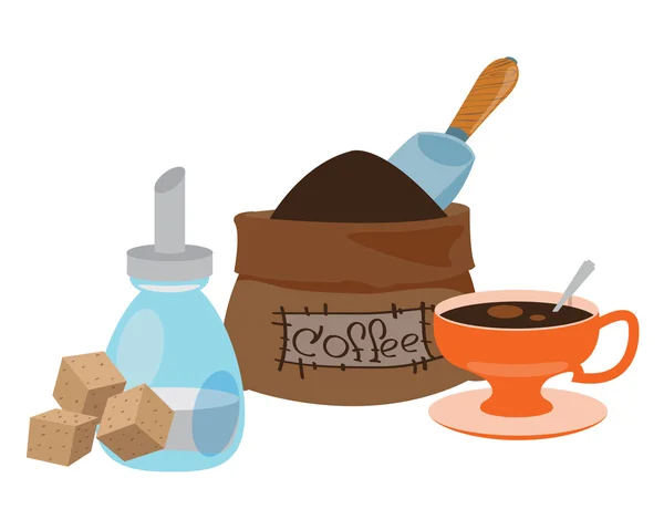 Saco de grãos de café, açúcar e xícara ilustração de cor . —  Vetores de Stock