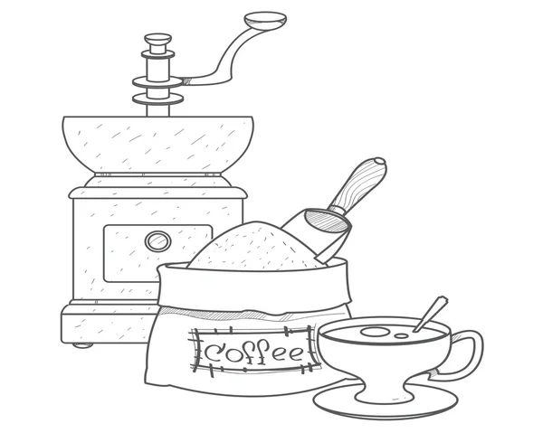 Moedor de café manual vintage, saco de café e desenho de contorno de copo . — Vetor de Stock