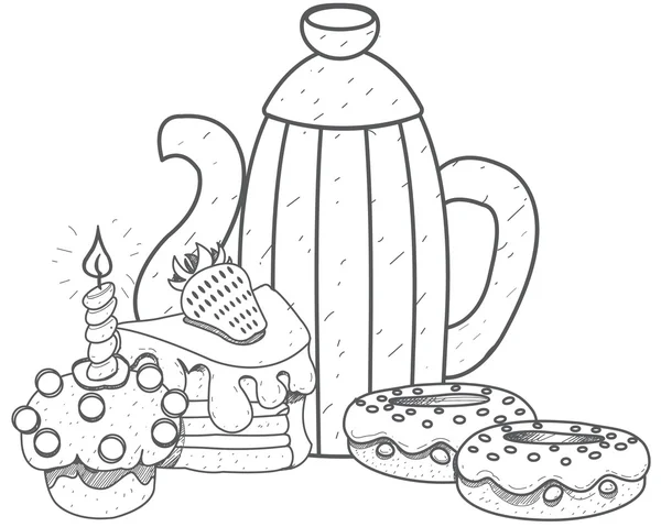 Hervidor de agua de metal vintage para café o cacao y un montón de dulces esquema de dibujo . — Archivo Imágenes Vectoriales