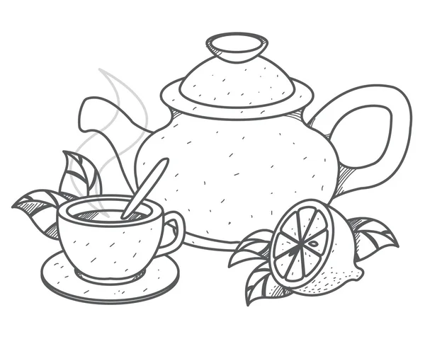 Tetera, taza de té con dibujo de contorno de limón . — Archivo Imágenes Vectoriales