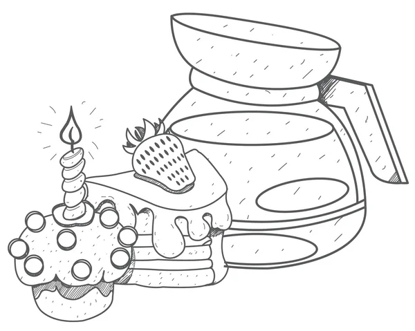 주전자 양조 커피와 케이크 개요 그림. — 스톡 벡터