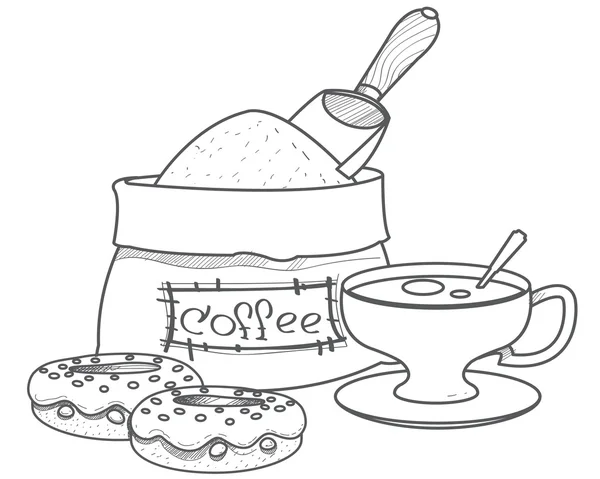 Saco de granos de café, rosquillas y boceto de taza de dibujo . — Vector de stock