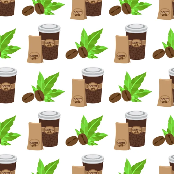 Seamless mönster med illustrationer på temat kaffe. Kaffebönor och kaffe i koppen. — Stock vektor