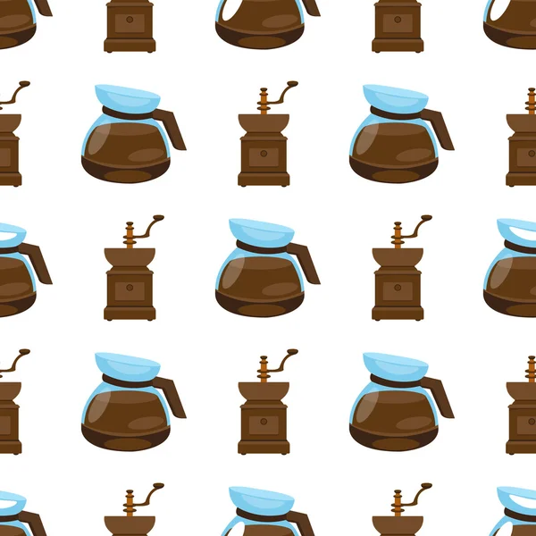 Seamless mönster med illustrationer på temat kaffe. Gammal kaffekvarn och tekanna. — Stock vektor