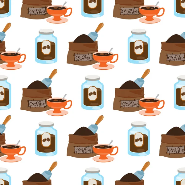 Wzór z ilustracjami, na temat kawy. Słoik kawy i torbę ziaren kawy. — Wektor stockowy