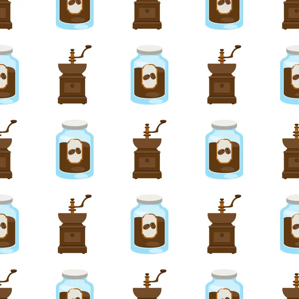 Wzór z ilustracjami, na temat kawy. Słoik kawy i Stary Młynek do kawy. — Wektor stockowy