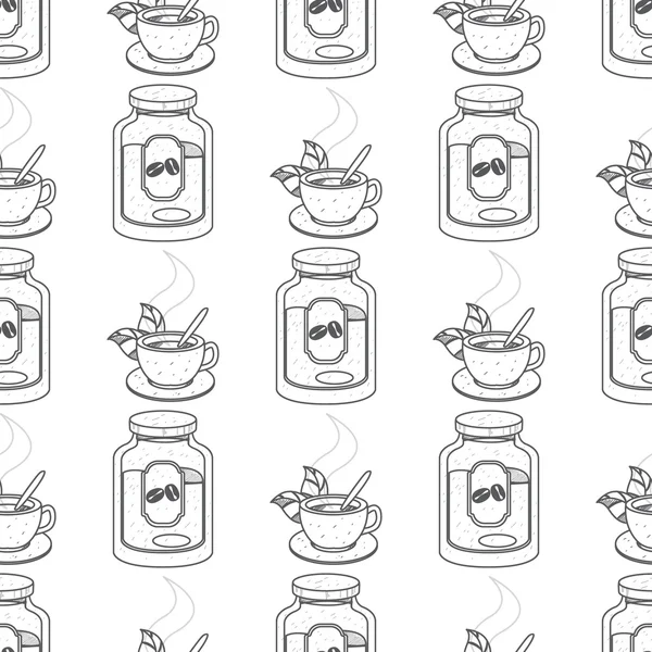 Anahat çizimleri kahve tema ile Seamless modeli. Bir fincan sıcak kahve veya çay ve kahve kavanoz. — Stok Vektör