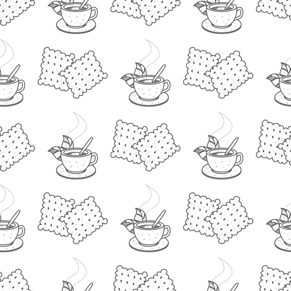 コーヒーをテーマに外形図とのシームレスなパターン。ホット コーヒーまたは紅茶、クラッカーのカップ. — ストックベクタ