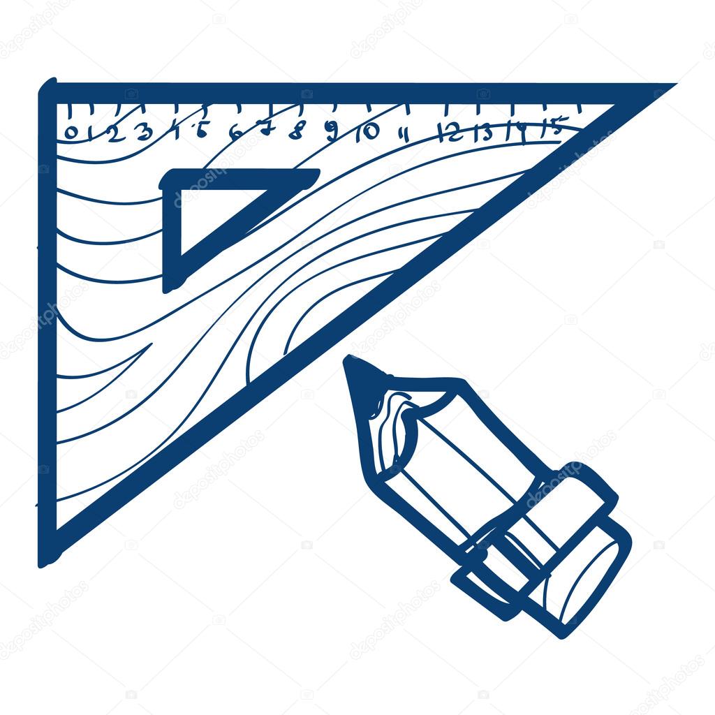 Triangular ruler and pencil drawing, drawing tools icon. Stock Vector