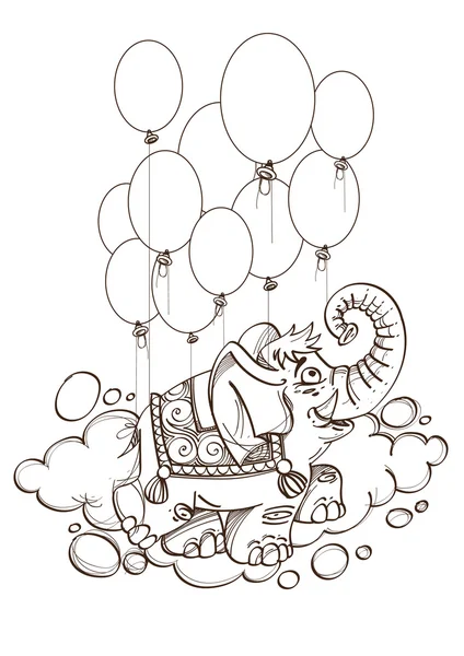 Pink elephant flyger i ballonger. Kontur illustration för färgläggning. — Stock vektor