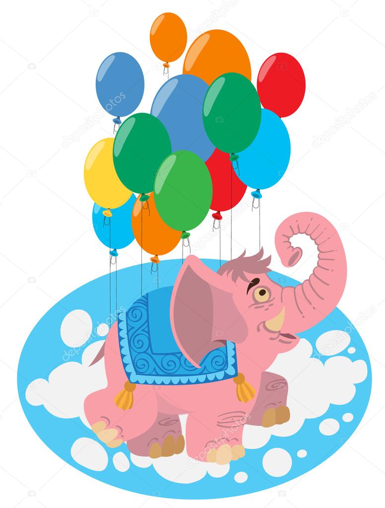 Elefante rosa volano in palloncini Illustrazione di colore di fantastici animali elefante — Vettoriale Stock