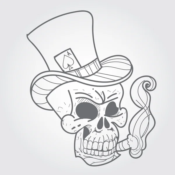 Skull with a cigar and ace of spades. Black and white sketch of a tattoo. — Stock Vector