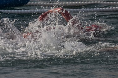 Noel günü Harbour yüzmek 2015, Barcelona, Port Vell - 25 Aralık: yüzücüler yarış 200 metre mesafe