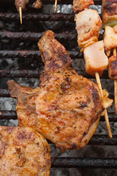 BBQ kött på pinnar som grillas på brazier — Stockfoto
